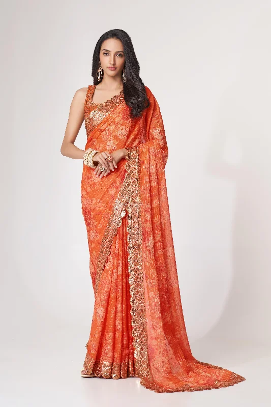 Women Orange Organza Sequins Embroidery Work With Digital Print Saree With Un-Stiched Blouse Classic Striped Blouse