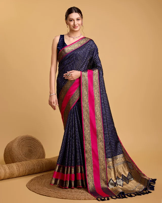 Women Dark Blue Pure Jacquard  Weaving Work Saree With Un-Stiched Blouse Bell Sleeve Blouse