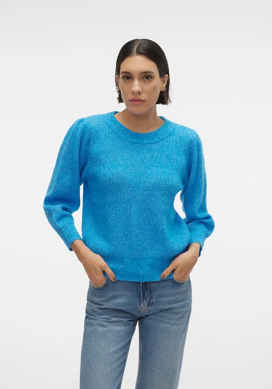 Vero Moda Vigga Balloon Sleeve Knitted Sweater, Ibiza Blue Satin Blend Silk Blend Wool Blend