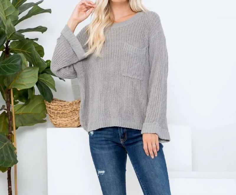 Breezy Days Sweater With Pocket And Cuffed Bell Sleeves In Grey Boat Neck Shawl Collar Notched Collar