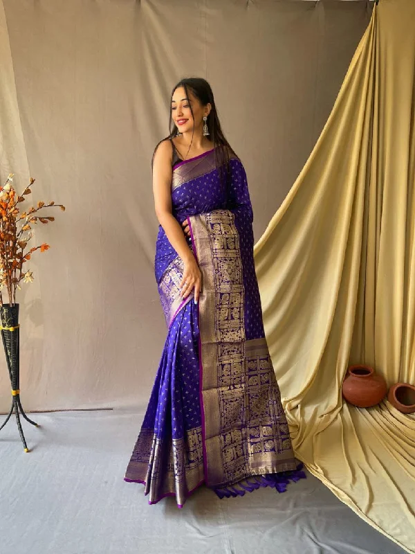 Women Violet Soft Silk  Weaving Work Saree With Un-Stiched Blouse Pleated Collar Blouse