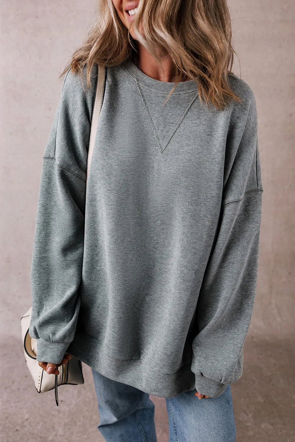 Slit Round Neck Long Sleeve Sweatshirt Hoodie with Crew Neck Simple Timeless