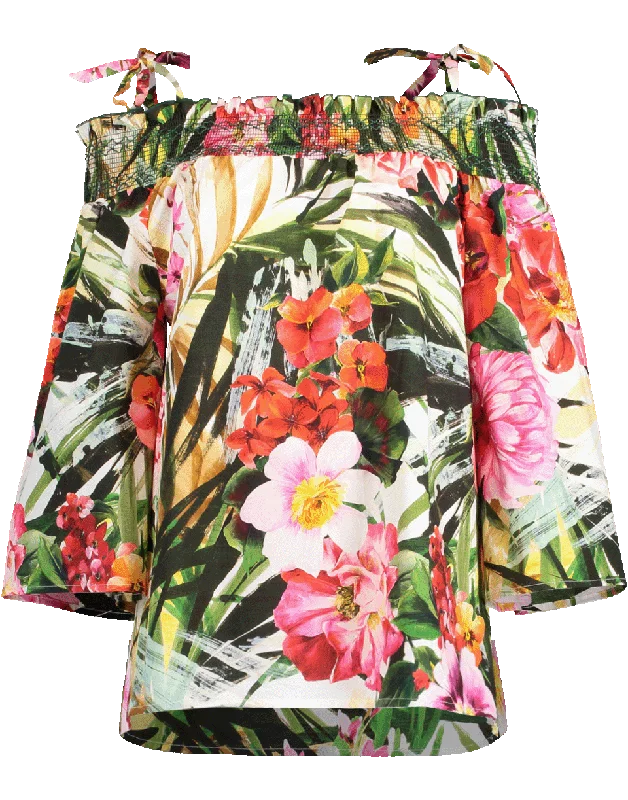 Off Shoulder Tropical Print Blouse Versatile Layering Blouse