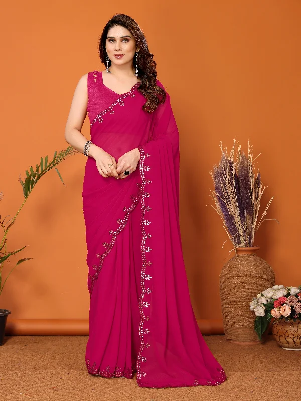 Women Pink Georgette Plain Saree With Un-Stiched Blouse Office Formal Blouse