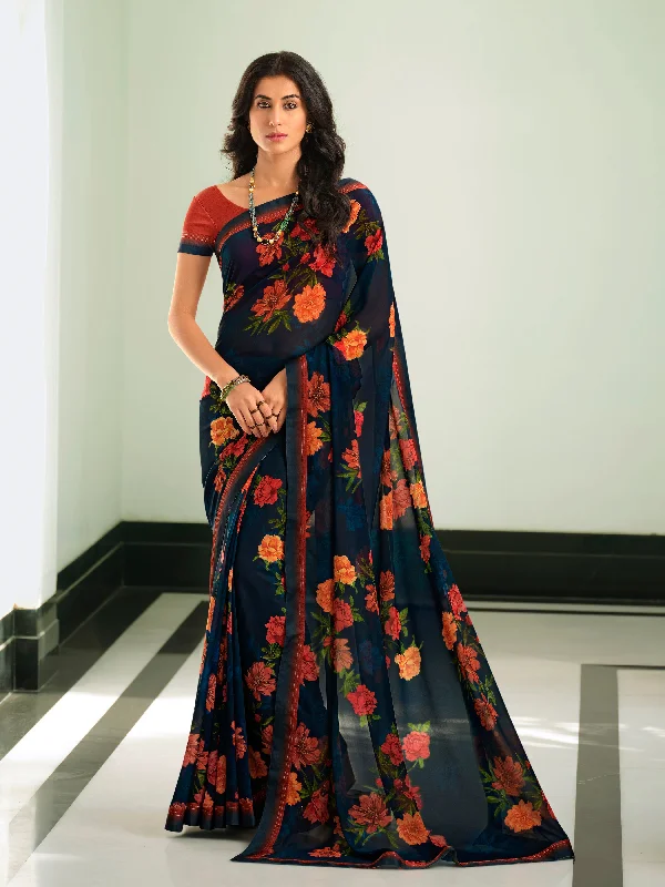 Women Nevy Blue Georgette  Printed Saree With Un-Stiched Blouse Smart Business Blouse