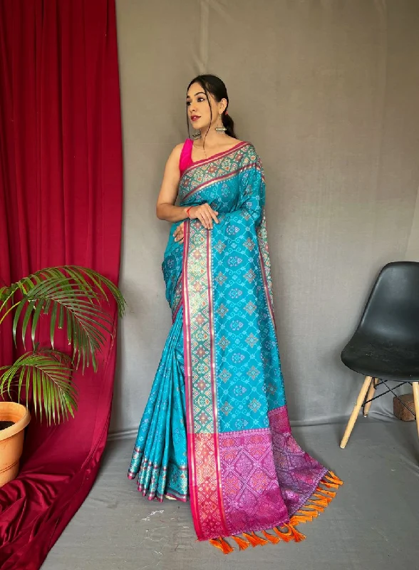 Women Sky Pure Patola Silk  Weaving Work Saree With Un-Stiched Blouse Floral Print Blouse