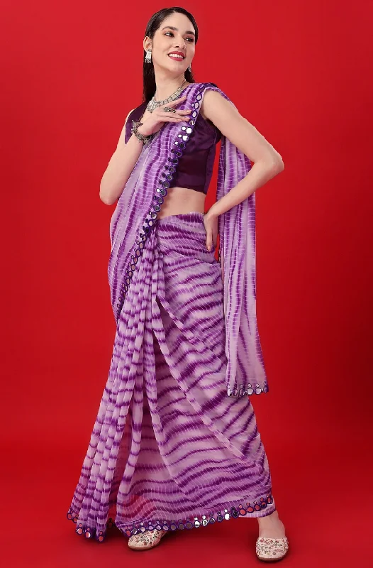 Women Purple Georgette Printed Saree With Un-Stiched Blouse Pleated Collar Blouse