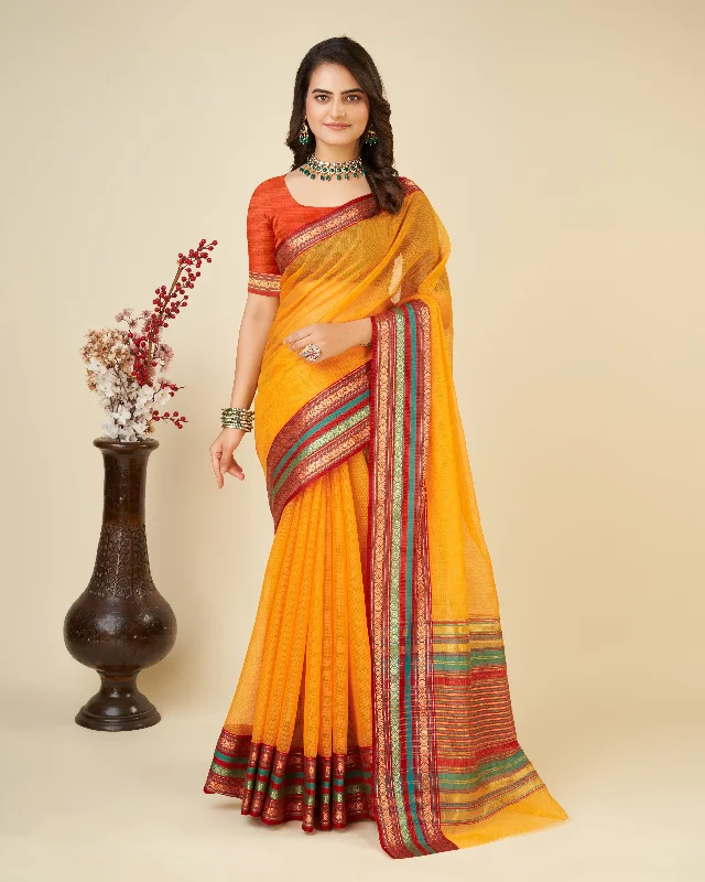 Women Yellow Kota Doriya Soft Silk Weaving Work Saree With Un-Stiched Blouse Backless Summer Blouse