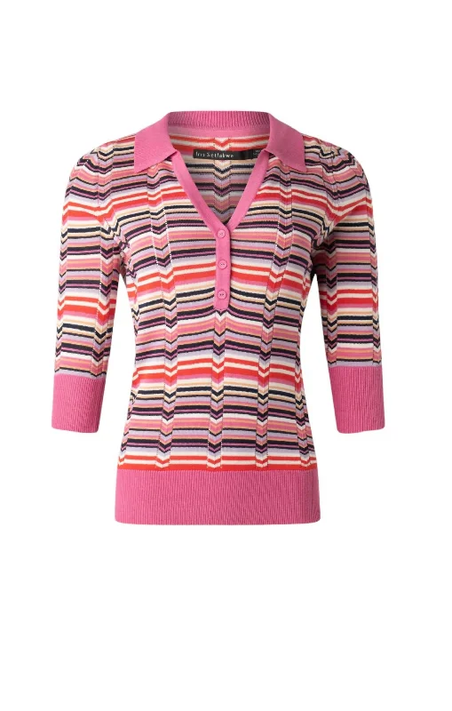 Women's V Neck Polo With Contrast Rib Sweater In Pink Multi Turtle Neck Boat Neck Asymmetrical Neck