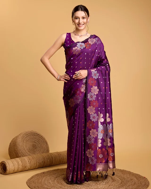 Women Purple Pure Jacquard Weaving Work Saree With Un-Stiched Blouse Smart Business Blouse