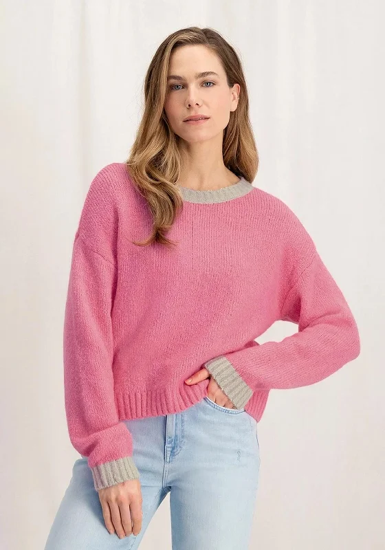 YAYA Contrast Trim Round Neck Sweater, Morning Glory Pink High Neck Crew Neck V-Neck