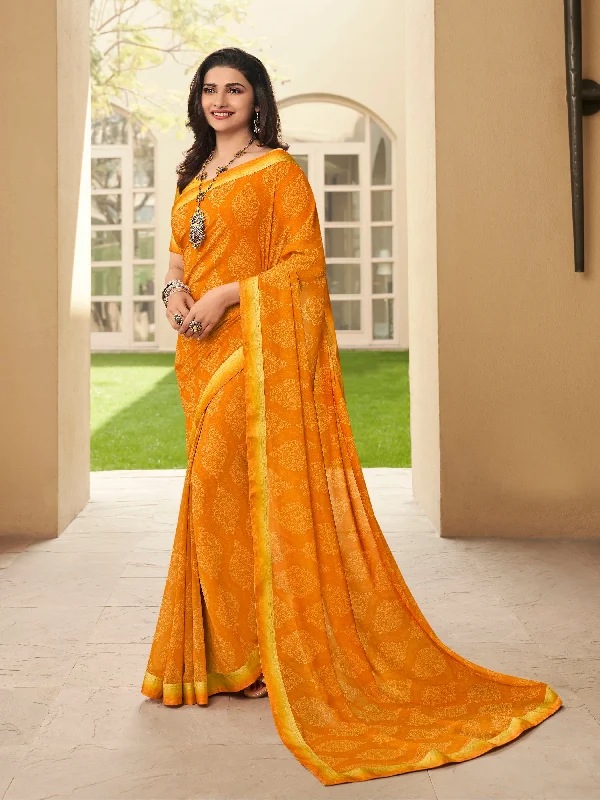 Women Orange Georgette  Printed Saree With Un-Stiched Blouse Pastel Color Blouse