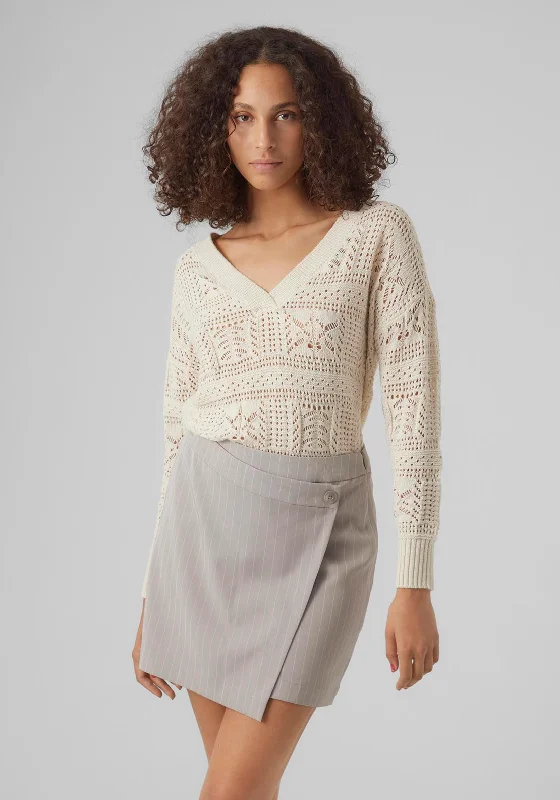 Vero Moda Bril Cut-Out Pattern Sweater, Birch Seamless Knitted Crochet