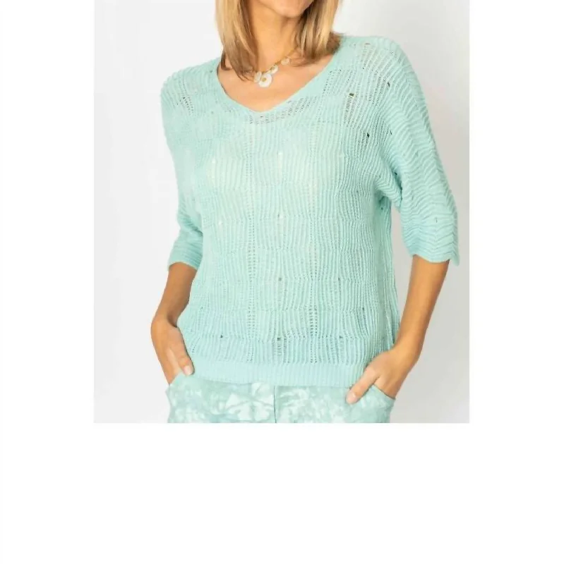 Chic Breeze V Neck Open Weave Sweater In Aqua Welt Pockets Slit Pockets Flap Pockets