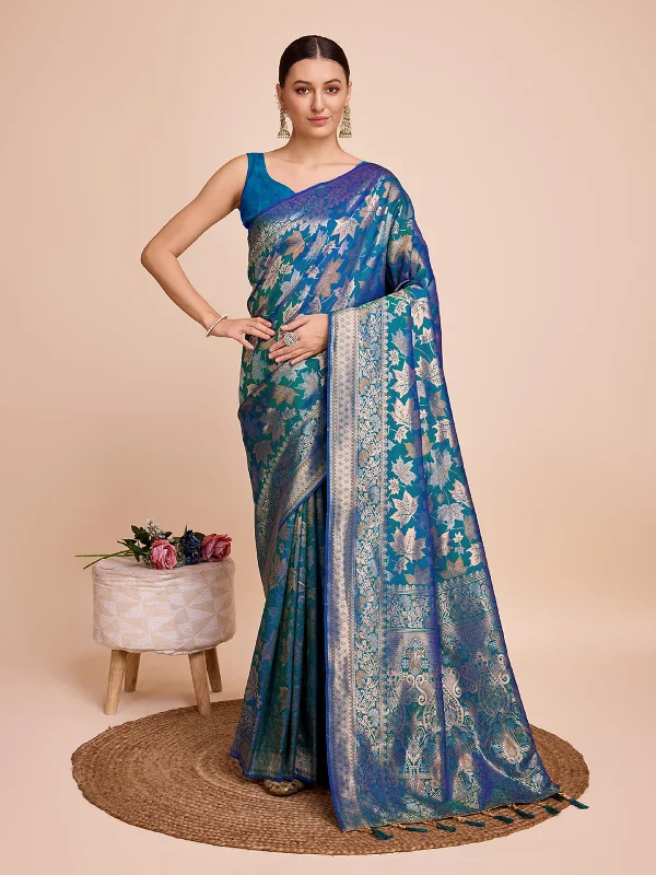 Women Blue Kota Doriya Soft Silk Weaving Work Saree With Un-Stiched Blouse Everyday Stylish Blouse