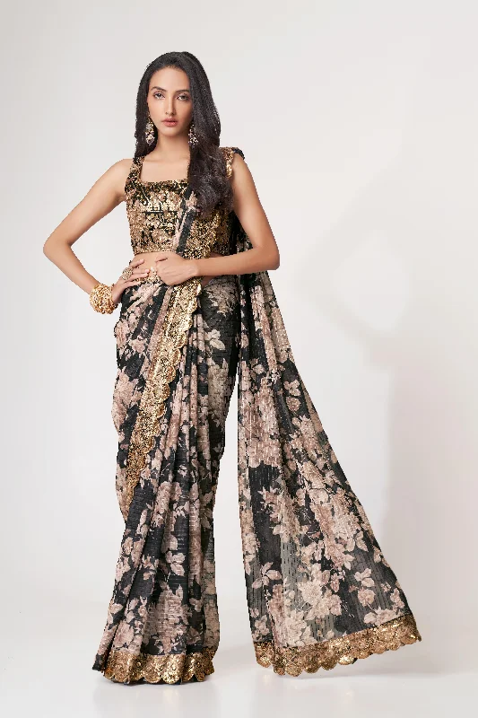 Women Black Organza Sequins Embroidery Work With Digital Print Saree With Un-Stiched Blouse Chic Off-Shoulder Blouse