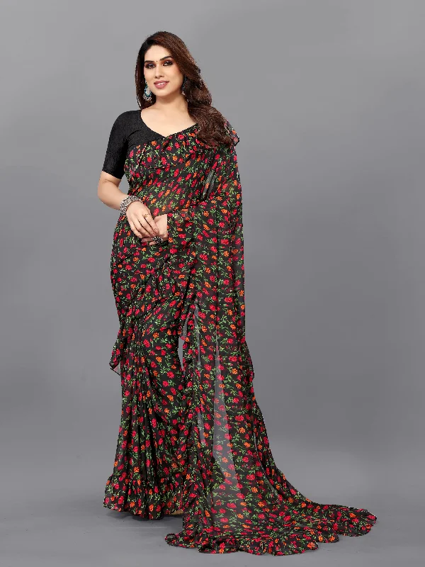 Women Black Georgette Printed Saree With Un-Stiched Blouse Floral Print Blouse