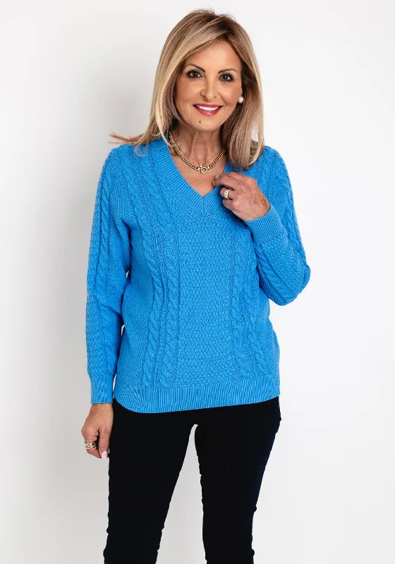 Micha V-Neck Cable Knit Sweater, Azure Blue Hooded Caped Shawl Collar