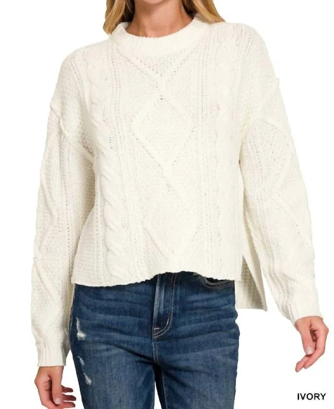 Heather Cable Knit Sweater In Ivory Fitted Slim Tailored