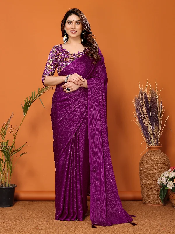 Women Magenta Polyester Zari Plain Saree With Un-Stiched Blouse Floral Chiffon Blouse