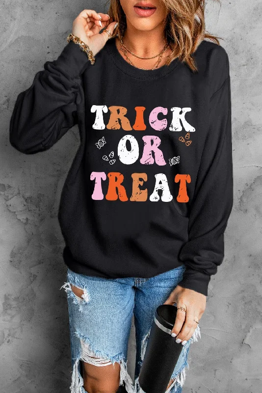 Trick or Treat Women's Graphic Long Sleeve Sweatshirt Hoodie with Button Placket Classic Preppy