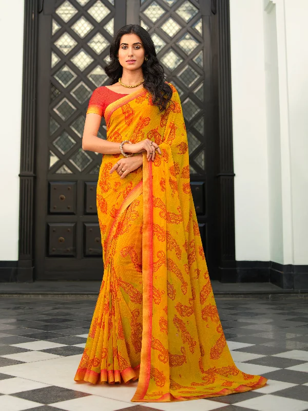 Women Yellow Georgette  Printed Saree With Un-Stiched Blouse Satin Drape Blouse