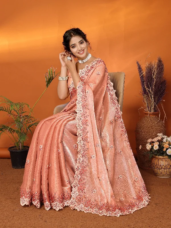 Women Party Wear Embroidery Worked Organza Blend Silk Saree with Un Stitched Blouse Smart Casual Blouse