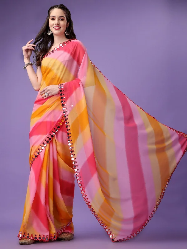 Women Yellow Georgette Printed Saree With Un-Stiched Blouse Silky Tunic Blouse