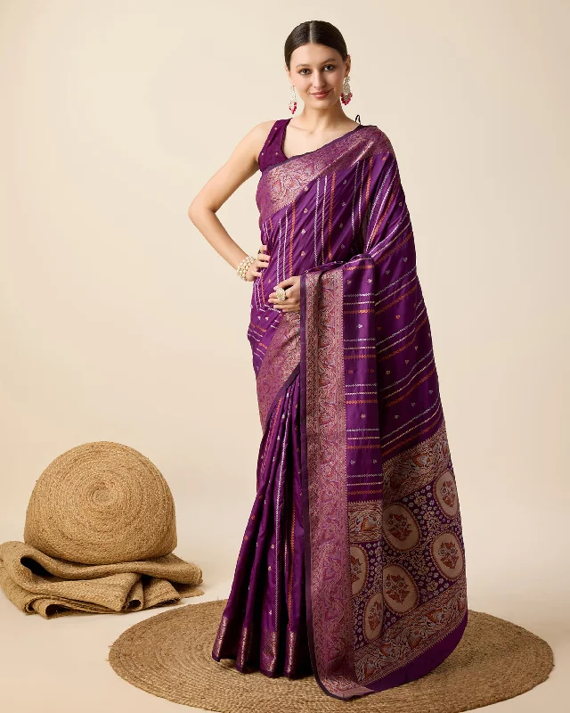 Women Wine Pure Jacquard  Zari Work Saree With Un-Stiched Blouse Wrap Front Blouse