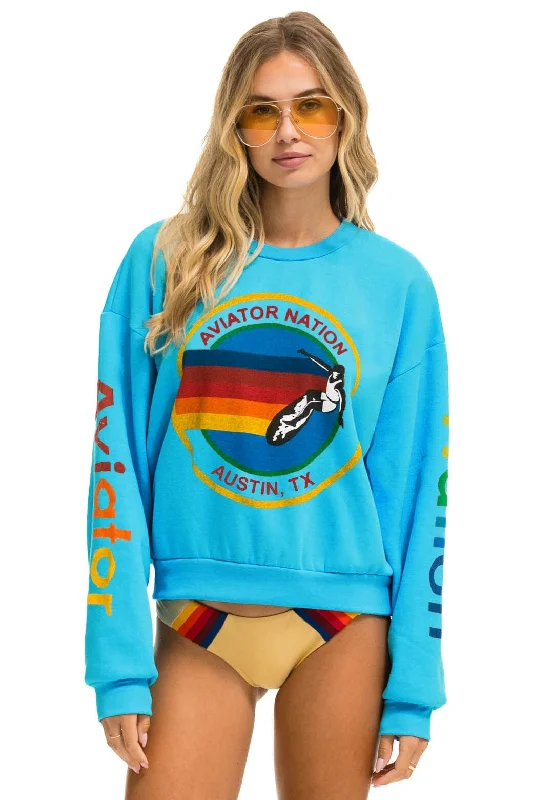 AVIATOR NATION AUSTIN RELAXED CREW SWEATSHIRT - NEON BLUE Hoodie with Hem Frayed Vintage Worn