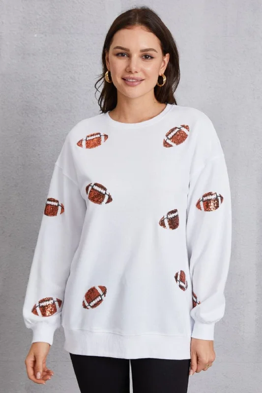 Football Sequin Patch Long Sleeve Sweatshirt Hoodie with Pocket Utility Practical