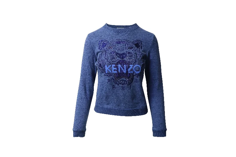 Kenzo Tiger Embroidered Sweater in Blue Cotton Fleece Fabric Down Fabric Feather Fabric