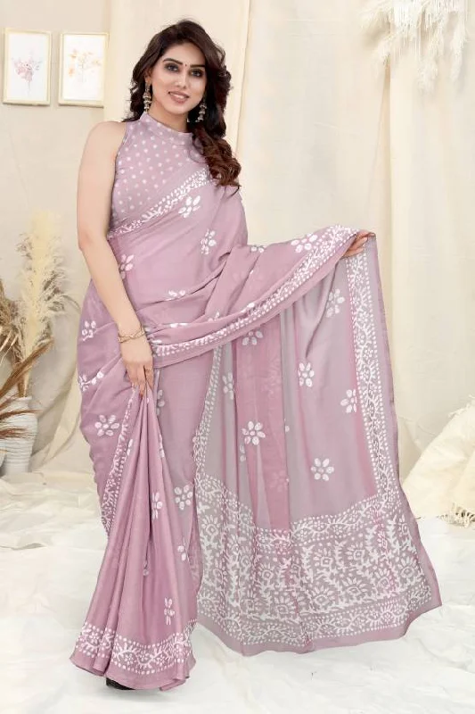 Women Pink Chinon Shiffon Printed Saree With Un-Stiched Blouse Classic Minimalist Blouse