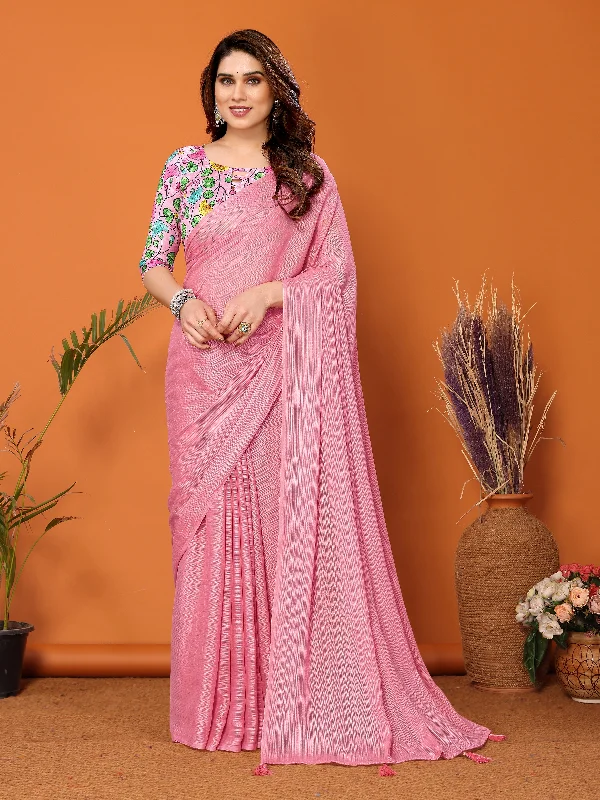 Women Rose Polyester Zari Plain Saree With Un-Stiched Blouse Playful Puff Blouse