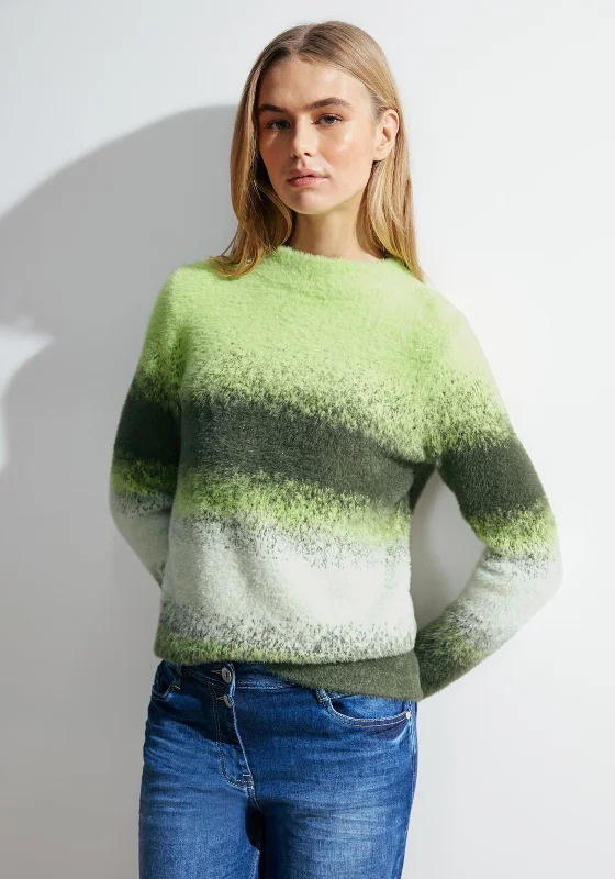 Cecil Fluffy Striped Knitted Sweater, Dynamic Khaki Thin Thick Dense