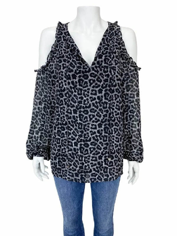 Michael Michael Kors, Women's Leopard Ruffle Blouse, Black/Grey, Size M Frilled Cuff Blouse