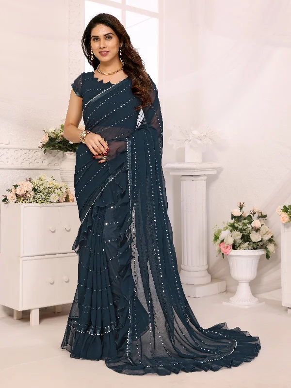 Women Rama Georgette Mirror Work Saree With Un-Stiched Blouse Sleeveless Summer Blouse