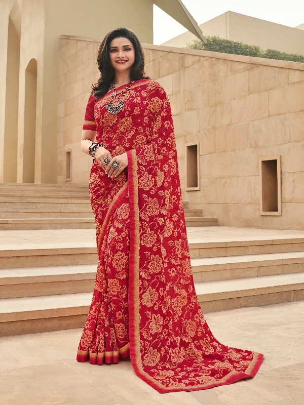 Women Red Georgette  Printed Saree With Un-Stiched Blouse Slim Fit Blouse