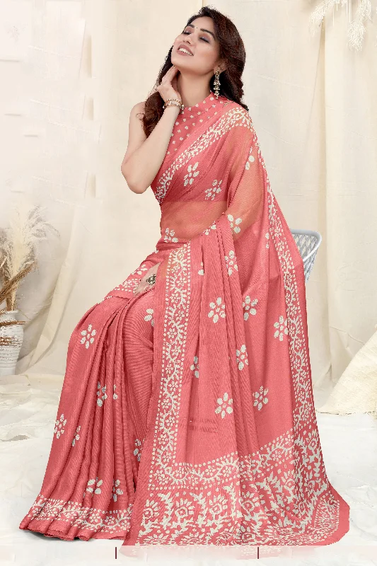 Women Peach Chinon Shiffon Printed Saree With Un-Stiched Blouse Embroidered Cotton Blouse