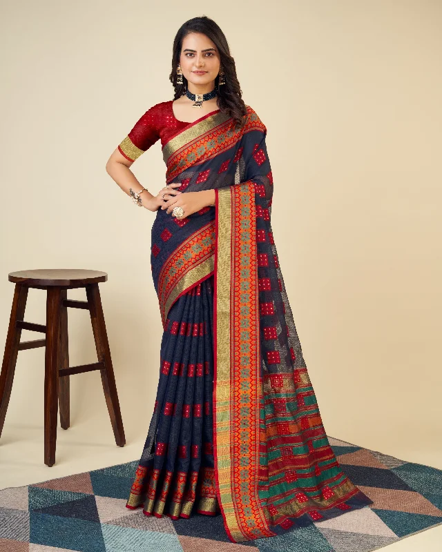 Women Blue Kota Doriya Soft Silk Weaving Work Saree With Un-Stiched Blouse Floral Print Blouse