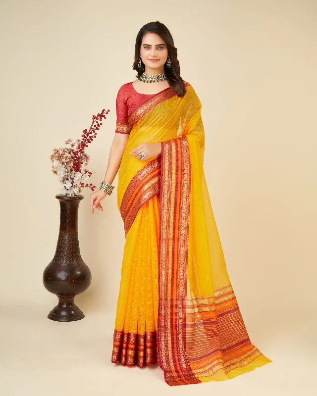 Women Yellow Kota Doriya Soft Silk Weaving Work Saree With Un-Stiched Blouse Lightweight Linen Blouse