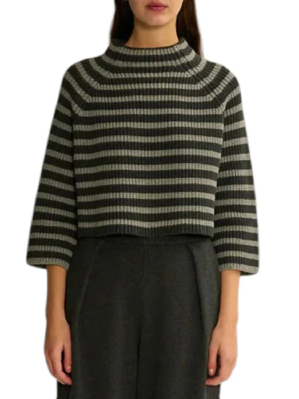 Fenna Stripe Sweater In Heather Charcoal Grey Embroidered Appliqued Beaded