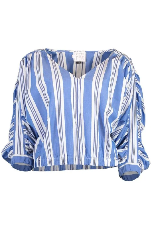 V-Neck Stripe Gathered Sleeve Blouse Off-Shoulder Wrap Blouse