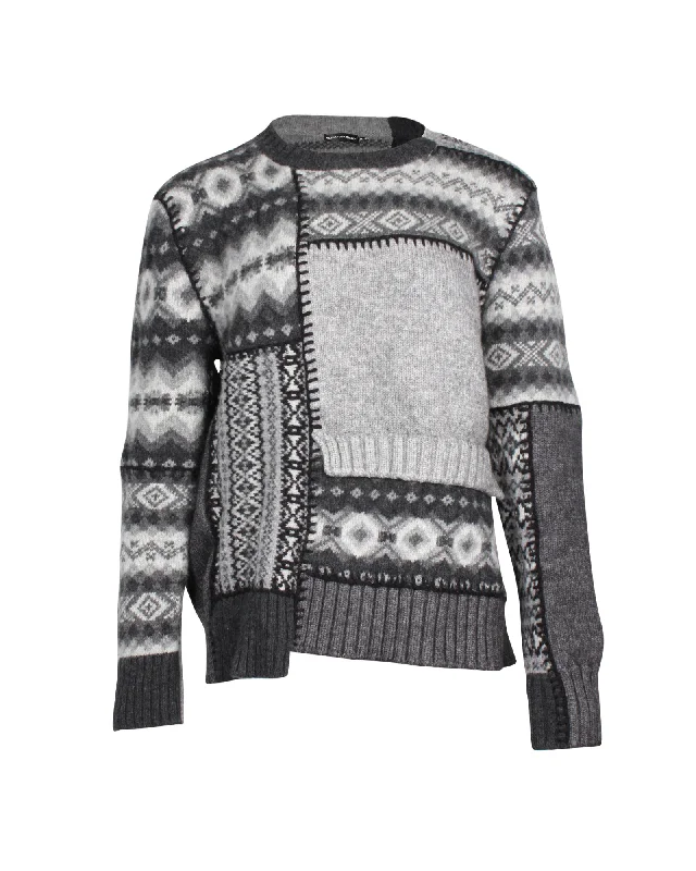 Alexander McQueen Patchwork Fair Isle Sweater in Grey Wool Knit Fabric Woven Fabric Fleece Fabric