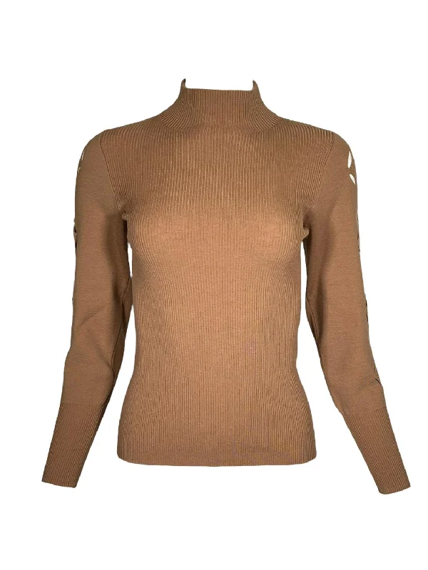 Women Laser Cut Stretch Merino Sweater In Camel Boxy Sweater Fitted Sweater A-Line