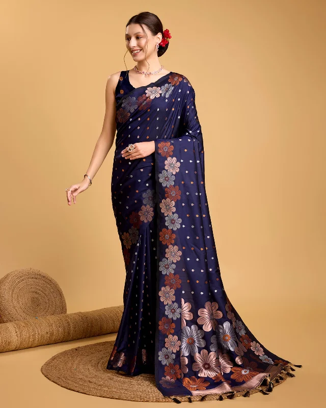 Women Blue Pure Jacquard Weaving Work Saree With Un-Stiched Blouse Casual Relaxed Blouse