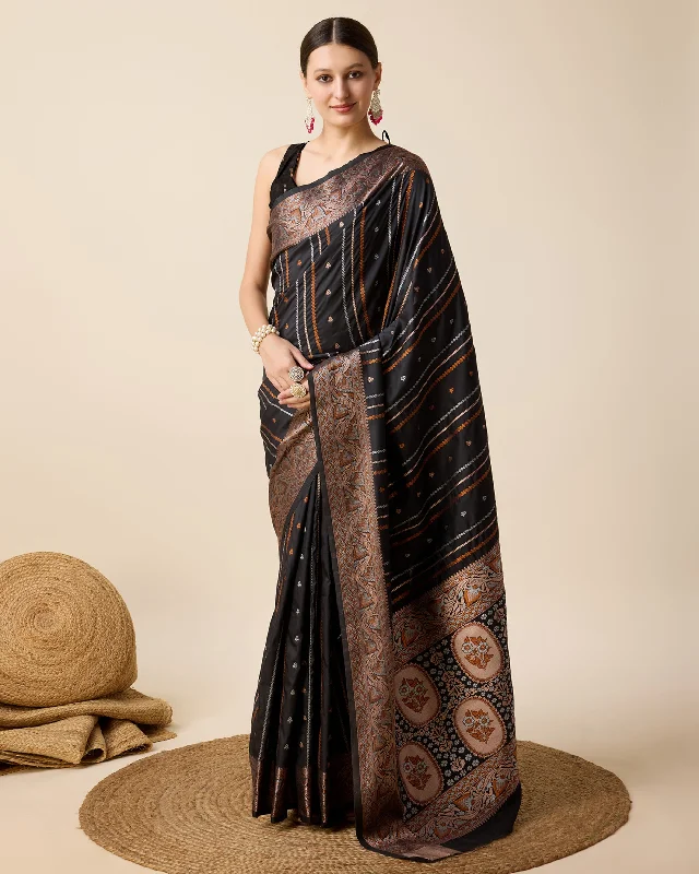 Women Black Pure Jacquard  Zari Work Saree With Un-Stiched Blouse Elegant Office Blouse