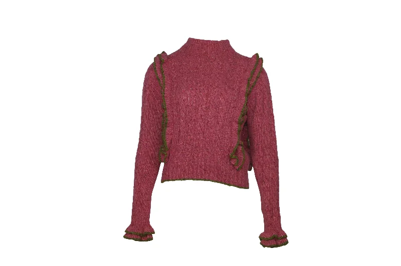 Philosophy Di Lorenzo Serafini Ruffle Cable-Knit Sweater in Pink Wool Satin Fabric Silk Fabric Chiffon Fabric