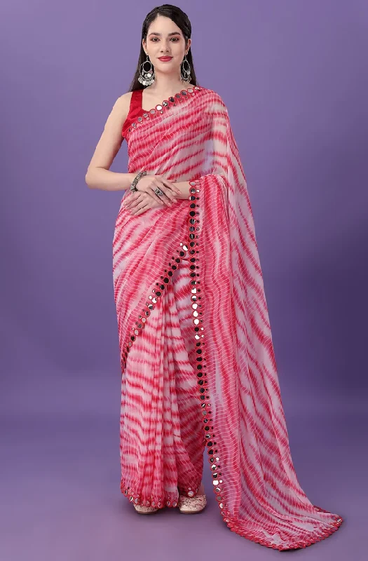 Women Pink Georgette Printed Saree With Un-Stiched Blouse Sheer Mesh Blouse