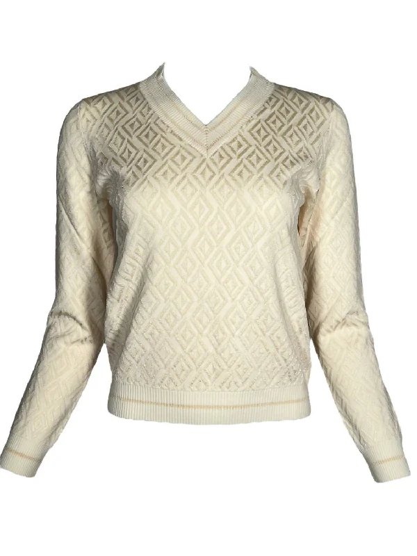 Women Diamond Pattern Sweater In Latte Chenille Brocade Lace